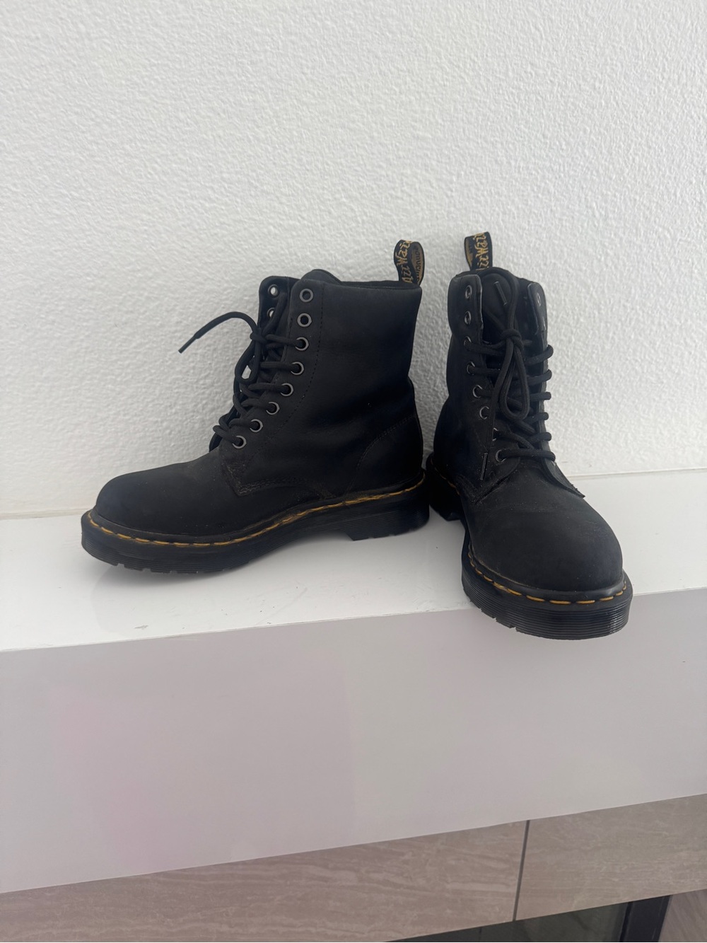 Dr. Martens Black Lace-Up 8-Eye Nubuck Boots with Yellow Stitching
